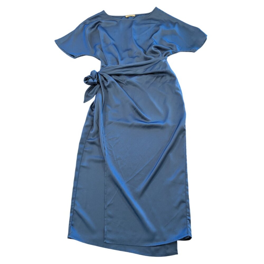 FEHAUTE Satin Wrap Waist Dress M Blue One Shoulder Satin A-Line Midi Dusky Blue - Picture 6 of 8